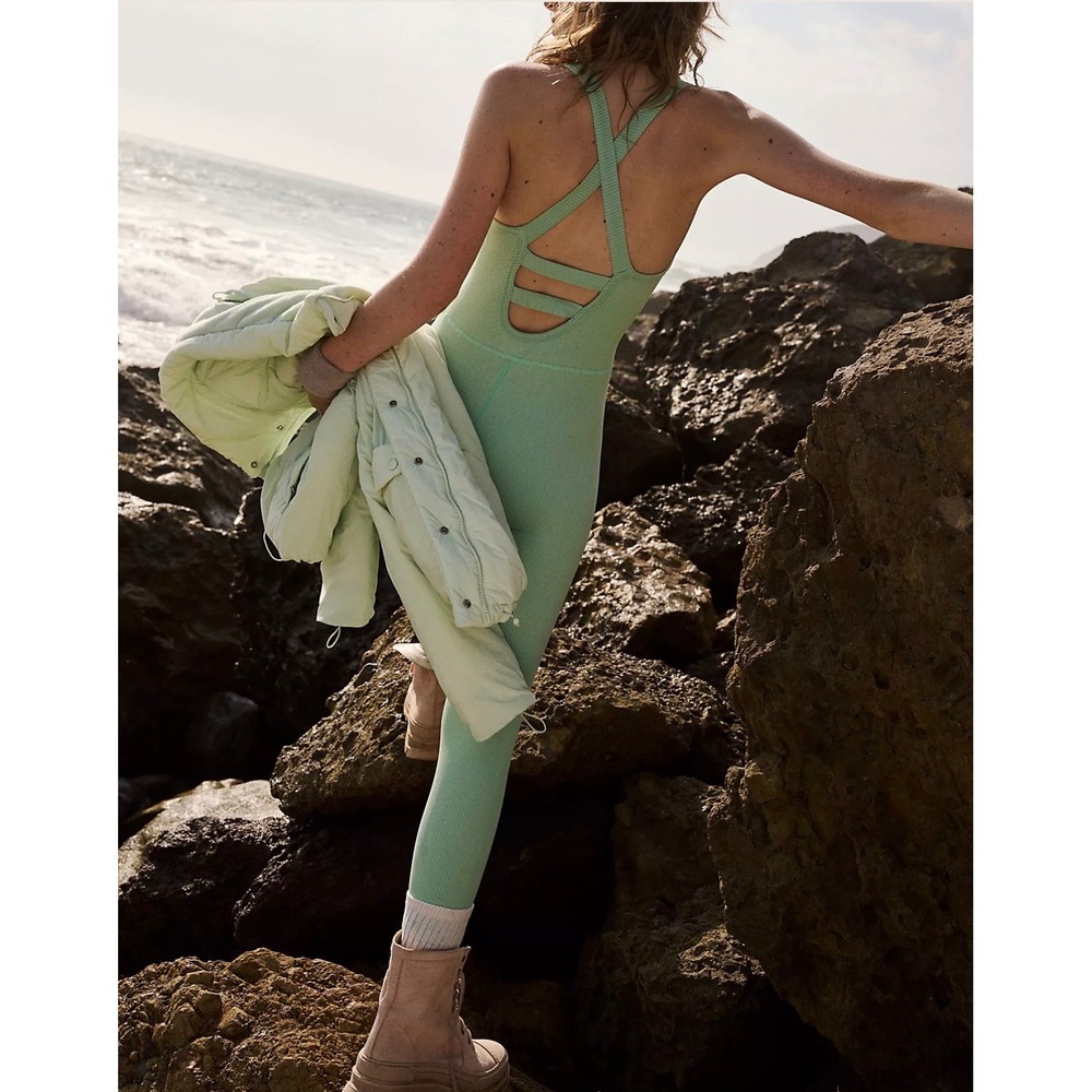 Free People FP Movement Good Karma Jumpsuit Mint Green Ribbed Strappy Back XS